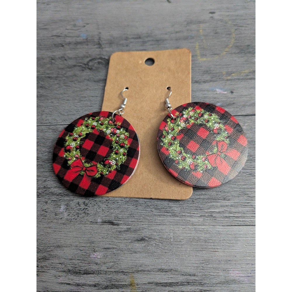 Christmas Wreath Buffalo Plaid Red Black Faux Leather Round Drop Earrings